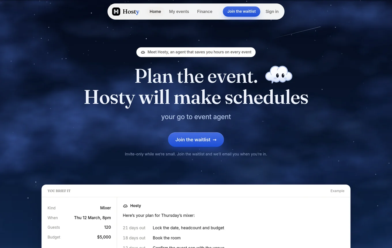 Hosty &mdash; Plan the event. Your go-to event agent.